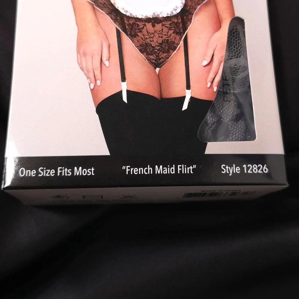 NWB Dreamgirl French Maid Flirt ONE‎ SIZE Lace Teddy Apron Bodice Garters 12826